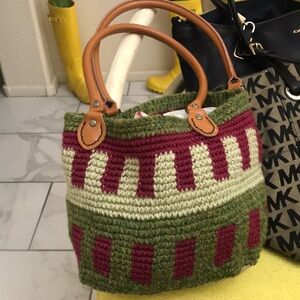Handcrafted Crochet Green & Berry Tote Bag with Leather Handles